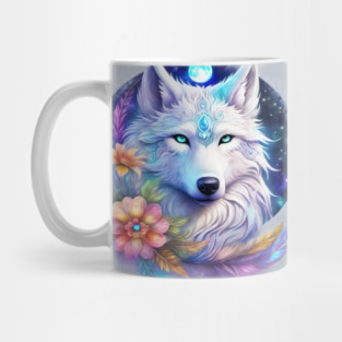 Mystical Wolf with Flowers, Full Moon, Colorful Mug