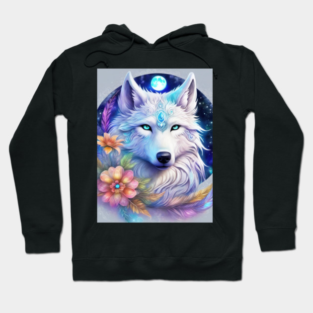 Mystical Wolf with Flowers, Full Moon, Colorful Hoodie by BirdsnStuff