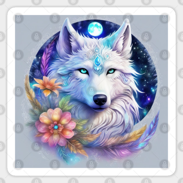 Mystical Wolf with Flowers, Full Moon, Colorful Sticker by BirdsnStuff