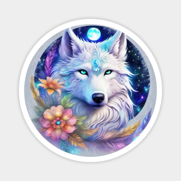 Mystical Wolf with Flowers, Full Moon, Colorful Magnet by BirdsnStuff