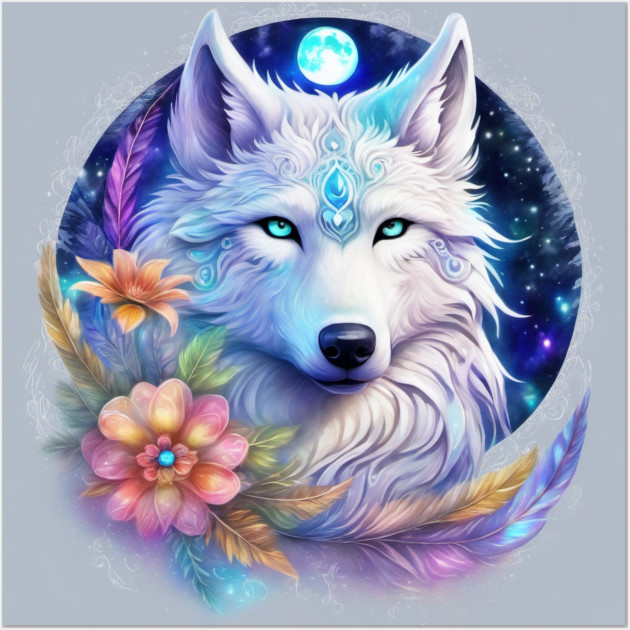 Mystical Wolf with Flowers, Full Moon, Colorful Wall Art by BirdsnStuff