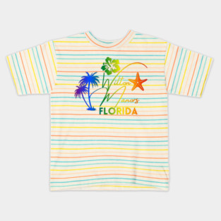 Rainbow Wilton Manors Florida Design with Tropical Palm Hibiscus and Starfish Kids T-Shirt