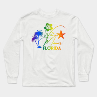 Rainbow Wilton Manors Florida Design with Tropical Palm Hibiscus and Starfish Long Sleeve T-Shirt