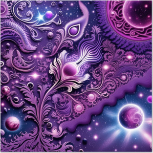 Other Worldly Designs- nebulas, stars, galaxies, planets with feathers Posters and Art