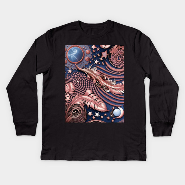 Other Worldly Designs- nebulas, stars, galaxies, planets with feathers Kids Long Sleeve T-Shirt by BirdsnStuff