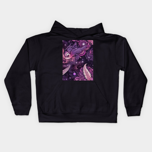 Other Worldly Designs- nebulas, stars, galaxies, planets with feathers Kids Hoodie by BirdsnStuff
