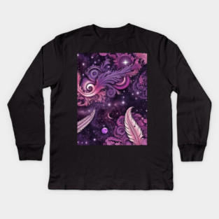 Other Worldly Designs- nebulas, stars, galaxies, planets with feathers Kids Long Sleeve T-Shirt