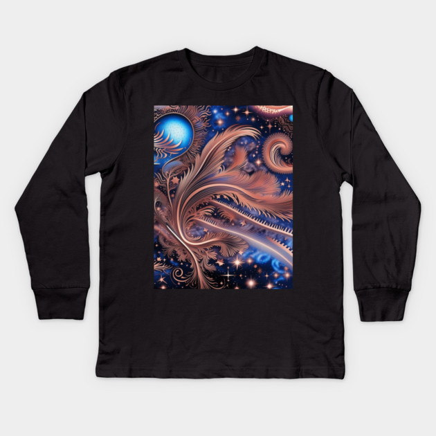 Other Worldly Designs- nebulas, stars, galaxies, planets with feathers Kids Long Sleeve T-Shirt by BirdsnStuff