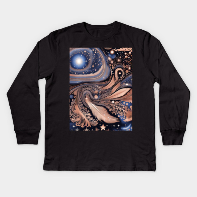 Other Worldly Designs- nebulas, stars, galaxies, planets with feathers Kids Long Sleeve T-Shirt by BirdsnStuff