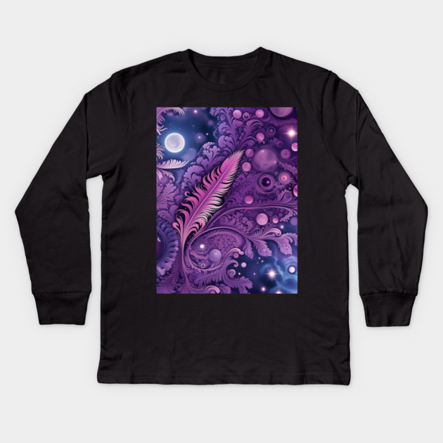 Other Worldly Designs- nebulas, stars, galaxies, planets with feathers Kids Long Sleeve T-Shirt by BirdsnStuff