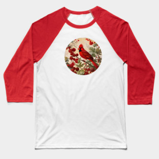 Northern Red Cardinal Bird And Berries Baseball T-Shirt