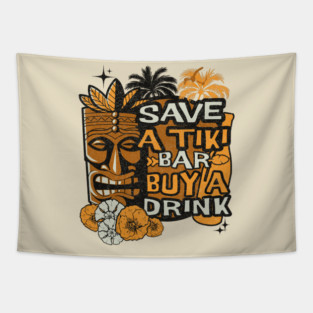 Distressed Save a Tiki Bar Buy a Drink Tropical flowers and Palm Trees Tapestry
