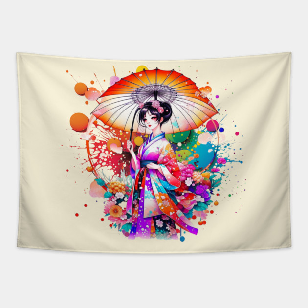 Beautiful Japanese Woman in Kimono Parasol Tapestry by HolidayBug