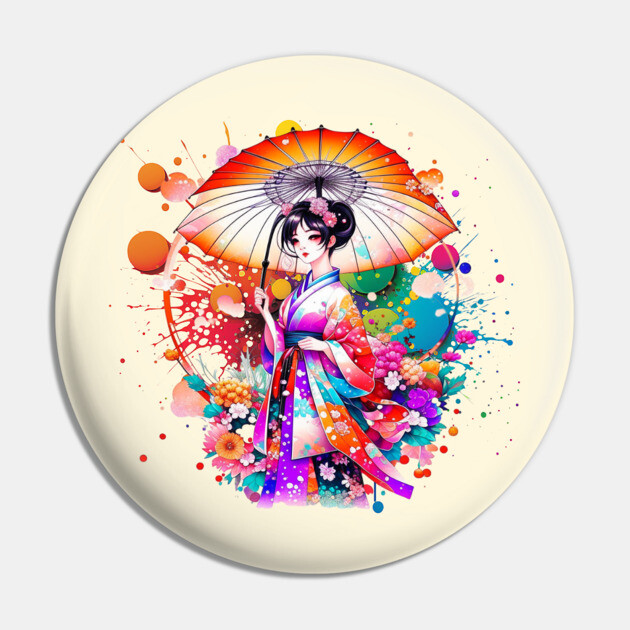 Beautiful Japanese Woman in Kimono Parasol Pin by HolidayBug