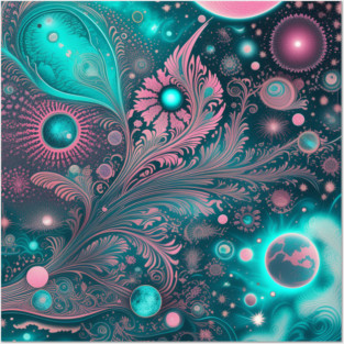 Other Worldly Designs- nebulas, stars, galaxies, planets with feathers Posters and Art