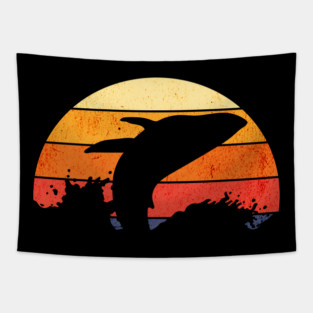 Retro Sunset Humpback Whale Breaching Tapestry