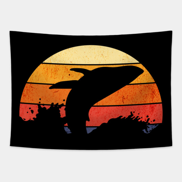 Retro Sunset Humpback Whale Breaching Tapestry by HolidayBug