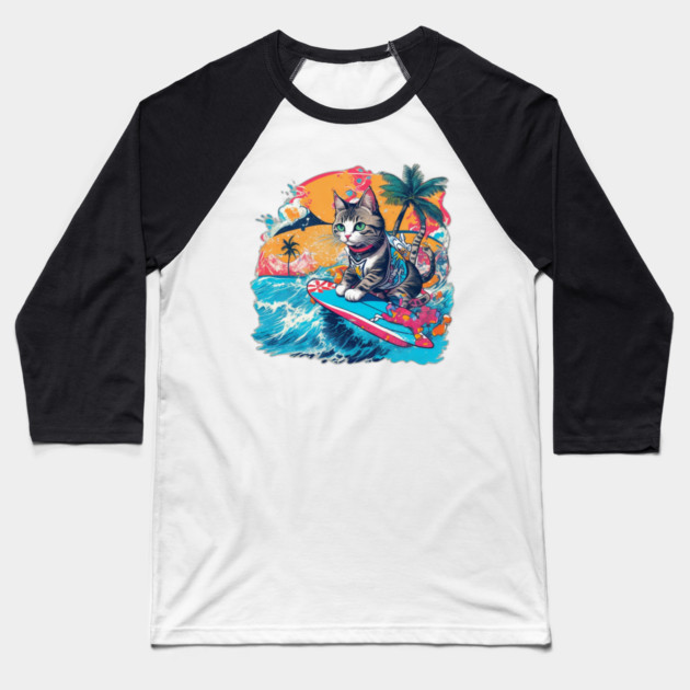 Cat Hawaiian Baseball T-Shirt by Pixel Threads 