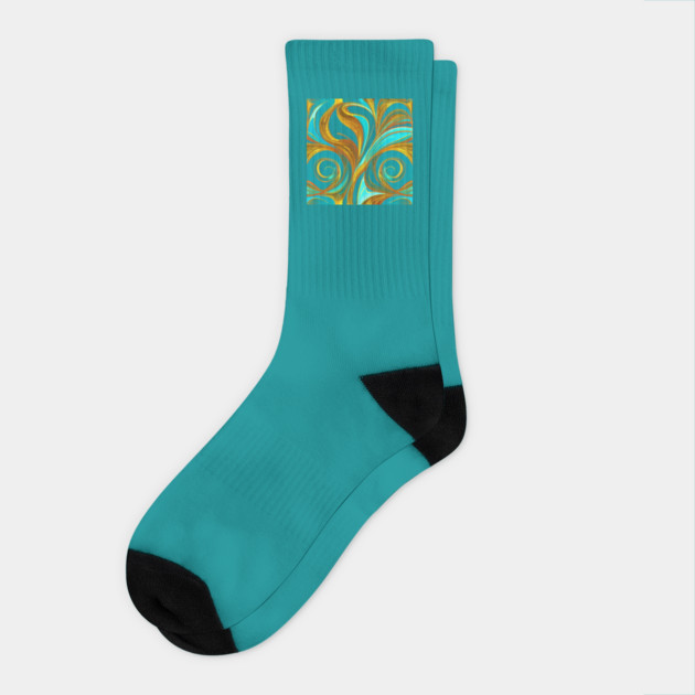 Abstract Turquoise and Gold Swirls Socks by BirdsnStuff