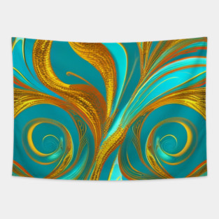 Abstract Turquoise and Gold Swirls Tapestry