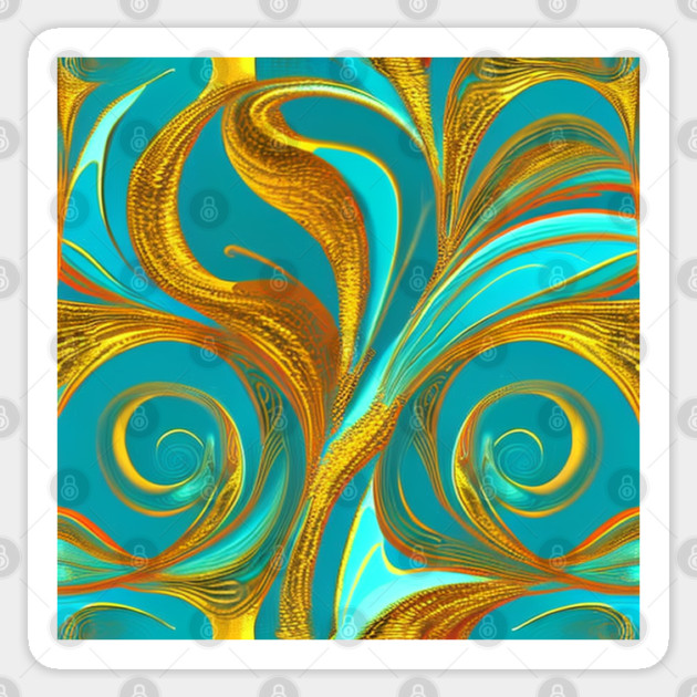 Abstract Turquoise and Gold Swirls Sticker by BirdsnStuff