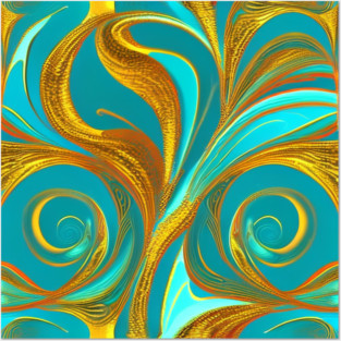 Abstract Turquoise and Gold Swirls Posters and Art