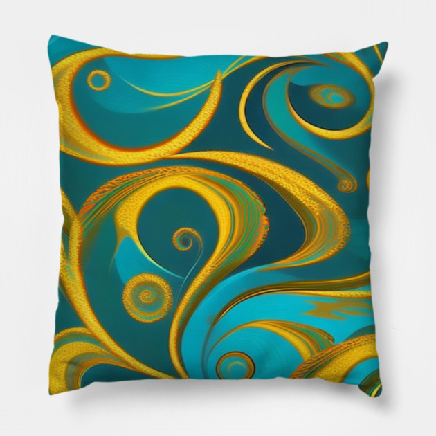 Abstract Turquoise and Gold Swirls Pillow by BirdsnStuff