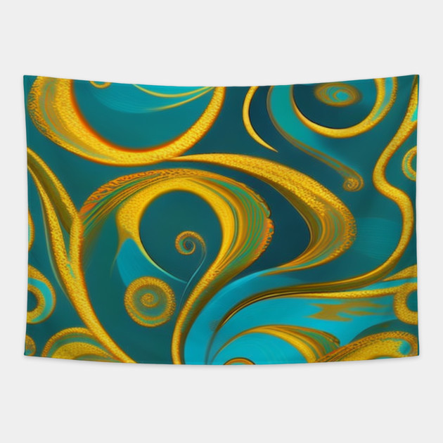 Abstract Turquoise and Gold Swirls Tapestry by BirdsnStuff