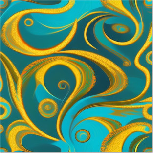 Abstract Turquoise and Gold Swirls Posters and Art