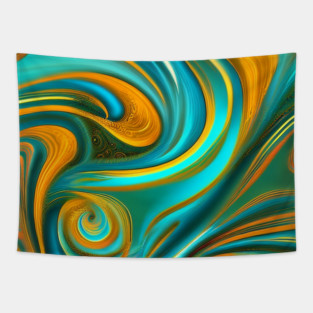 Abstract Turquoise and Gold Swirls Tapestry