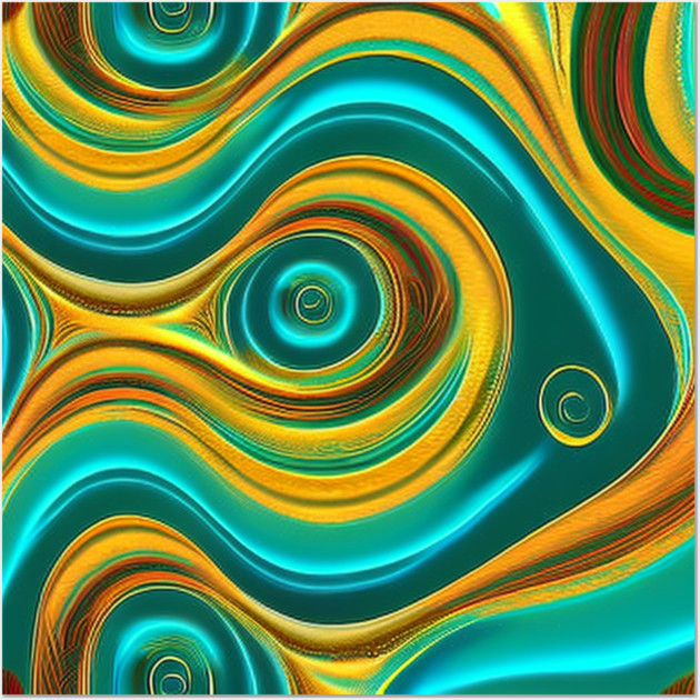 Abstract Turquoise and Gold Swirls Wall Art by BirdsnStuff
