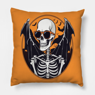 Halloween Skeleton with Bats Flying Around Pillow