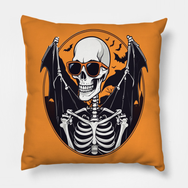 Halloween Skeleton with Bats Flying Around Pillow by BirdsnStuff