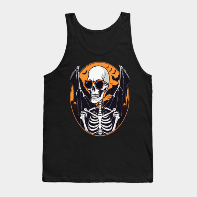 Halloween Skeleton with Bats Flying Around Tank Top by BirdsnStuff