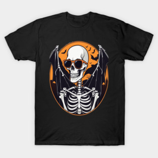 Halloween Skeleton with Bats Flying Around T-Shirt