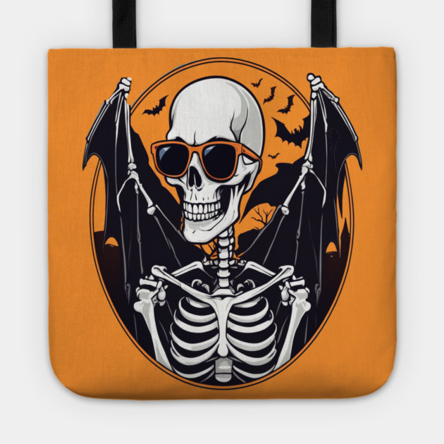 Halloween Skeleton with Bats Flying Around Tote by BirdsnStuff