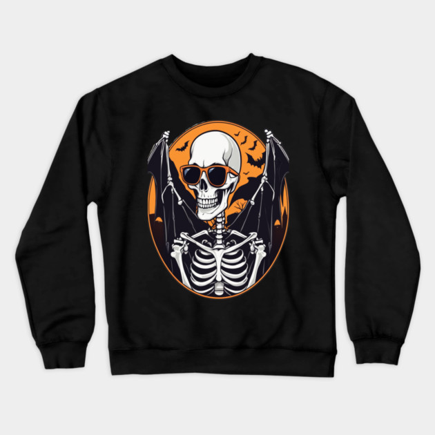 Halloween Skeleton with Bats Flying Around Crewneck Sweatshirt by BirdsnStuff