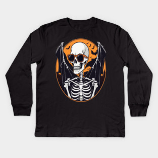 Halloween Skeleton with Bats Flying Around Kids Long Sleeve T-Shirt