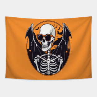 Halloween Skeleton with Bats Flying Around Tapestry