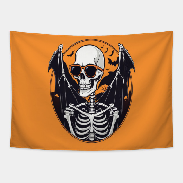 Halloween Skeleton with Bats Flying Around Tapestry by BirdsnStuff