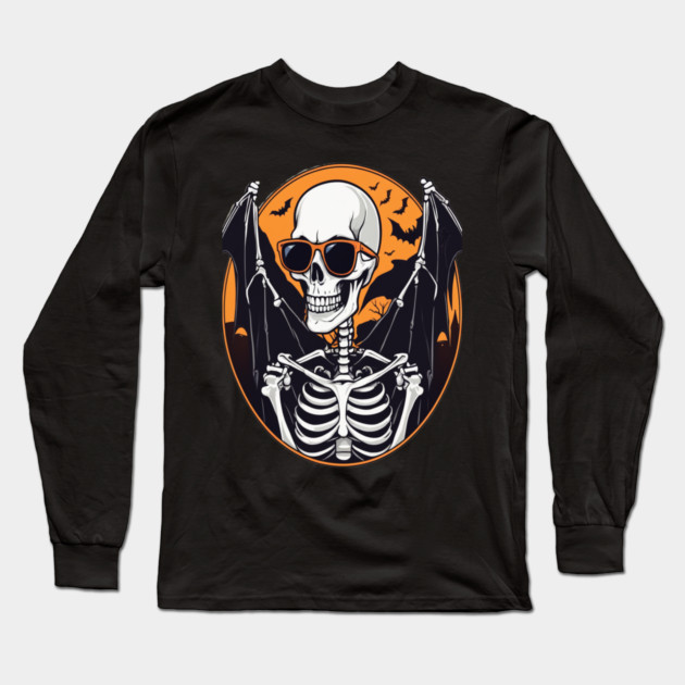 Halloween Skeleton with Bats Flying Around Long Sleeve T-Shirt by BirdsnStuff