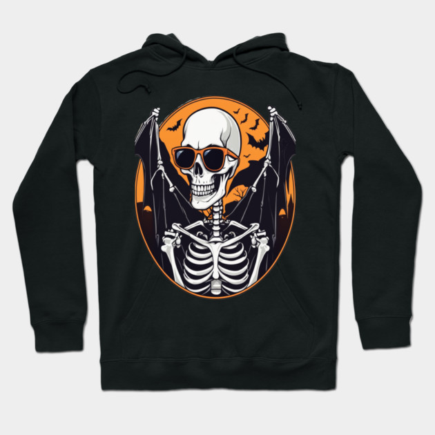 Halloween Skeleton with Bats Flying Around Hoodie by BirdsnStuff