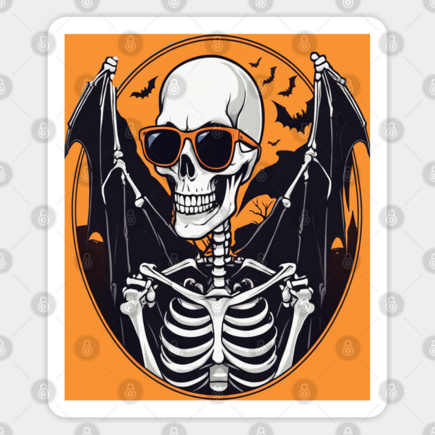 Halloween Skeleton with Bats Flying Around Sticker by BirdsnStuff
