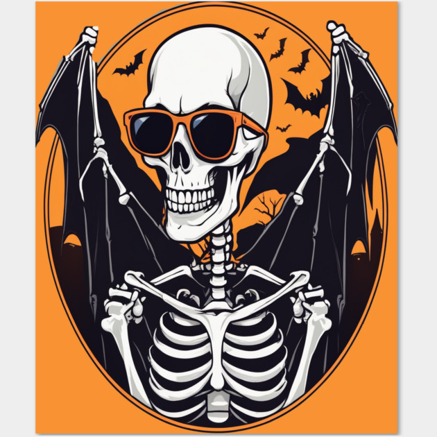 Halloween Skeleton with Bats Flying Around Wall Art by BirdsnStuff
