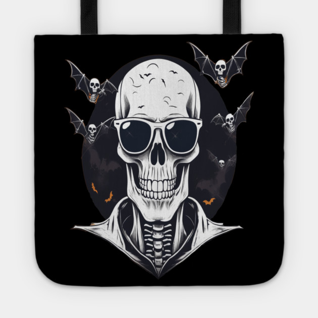 Halloween Skeleton with Sunglasses and Bats Flying Around it Tote by BirdsnStuff