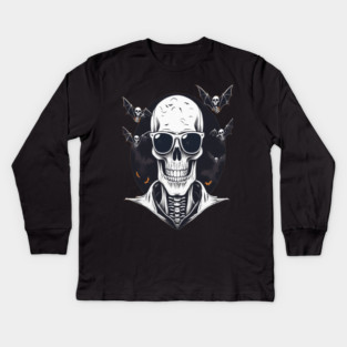 Halloween Skeleton with Sunglasses and Bats Flying Around it Kids Long Sleeve T-Shirt
