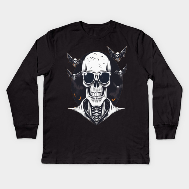 Halloween Skeleton with Sunglasses and Bats Flying Around it Kids Long Sleeve T-Shirt by BirdsnStuff