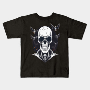 Halloween Skeleton with Sunglasses and Bats Flying Around it Kids T-Shirt