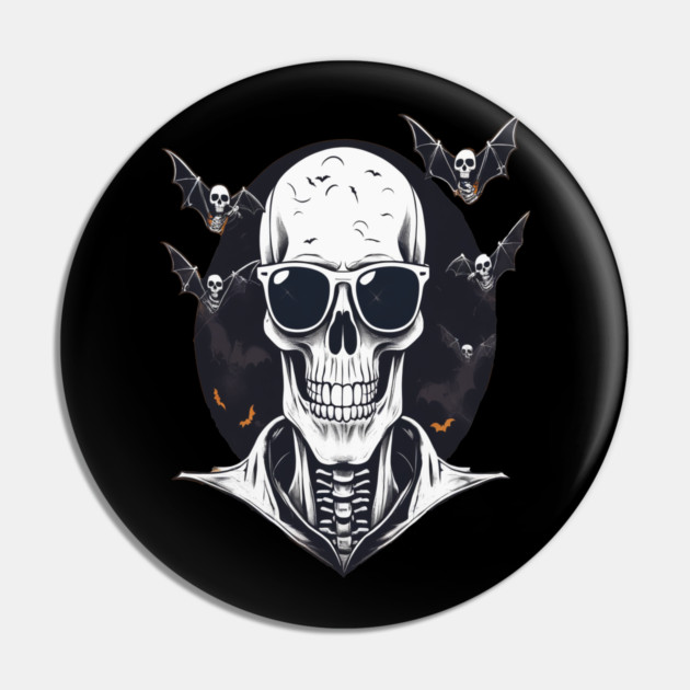 Halloween Skeleton with Sunglasses and Bats Flying Around it Pin by BirdsnStuff