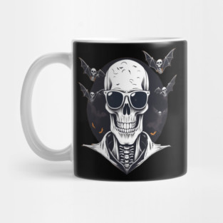 Halloween Skeleton with Sunglasses and Bats Flying Around it Mug